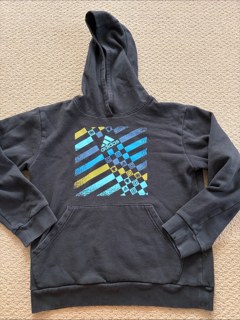 adidas Black Hoodie with Blue and Yellow Graphic